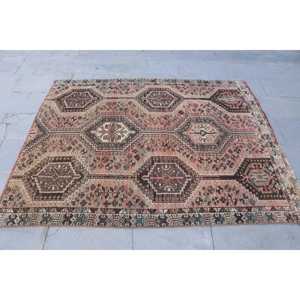 4.7x5.8 ft Vintage Rug, Turkish Rug, <b>Brown</b> Check <b>Wool</b> Rug - Product Image 4