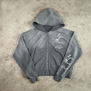 Personalizado desgastado bordado cremallera sudaderas gráfico pesado de gran tamaño de algodón Streetwear Vintage ácido lavado Zip up hombres Sudadera con capucha - Product Image 1