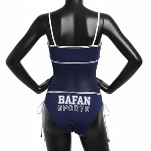 Conjunto de bikini premium de poliéster y spandex, tela elástica azul marino, paneles laterales de malla, diseño con cordones, logotipo con transferencia térmica, conjunto de bikini para mujer. - Product Image 2