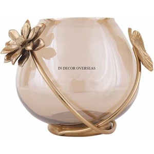 Bougeoir en verre clair de couleur rose clair avec design de fleurs en métal plaqué or du fabricant indien à un prix impressionnant - Product Image 1