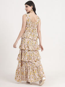 Verano Casual Ball Gown Maxi Dress Amarillo Rosa Paisley Estampado floral Cuello cuadrado con mangas caídas Estilo escalonado - Product Image 4