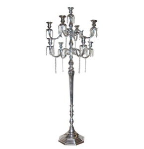 Candélabres argentés à 9 bras avec gouttes de cristaux, candélabres faits à la main en métal nickelé fabriqués manuellement - Product Image 1