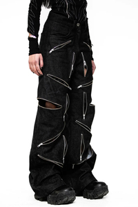 Latest Men Women Multiple Zippers Denim <b>Punk</b> Pants Flared Fit Breathable Customized Heavy 100% Cotton Washed Black <b>Jeans</b> Pants - Product Image 6