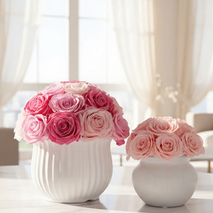 ของตกแต่งงานแต่งงานที่บ้าน โดมดอกไฮเดรนเยียธรรมชาติแท้ ดอกกุหลาบอมตะ ดอกไม้สดคงทนตลอดกาลในแจกันเซรามิกทรงกลม - Product Image 1