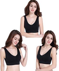 Soutien-gorge de sport pour femme, 100 % nylon, uni, sans couture, sans armatures, bretelles croisées, maintien moyen, décolleté en V, lot de 3, avec logo frontal - Product Image 1