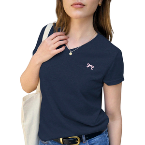 <b>Womens</b> Casual Short Sleeve <b>T</b> <b>Shirt</b> Round <b>Neck</b> Soft Cotton Slub Knit Basic Top Summer Daily Wear Small Bow Detail Slim Fit - Product Image 1