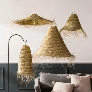 Ucuz saman asılı abajur şapkası kapakları çerçeve Seagrass hasır Rattan abajur ev dekor rustik kolye işıkları Metal açık 80