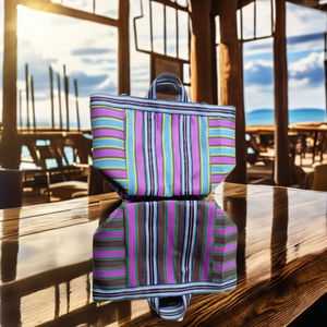 Sacs cosmétiques de plage recyclés Handloom personnalisés écologiques Étuis à provisions en plastique tissé à rayures à la mode avec fermeture à glissière réutilisable - Product Image 3