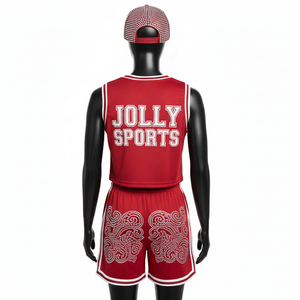 Ensemble short de basketball pour femmes, haut sans manches en maille polyester premium 180 GSM rouge avec logo thermocollé en strass, ensembles pour femmes 100% coton - Product Image 2
