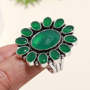 แหวนรูปดอกไม้พลอยสีเขียวโอนิกซ์สำหรับผู้หญิงแหวน925ทำด้วยมือทำจากเงินแหวนหมั้นของขวัญสุดพิเศษสำหรับเธอ - Product Image 4