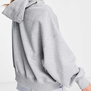 Sweat-shirt à capuche avec impression brodée en molleton de coton épais personnalisé lourd et logo pour femmes, pull-over gris chiné surdimensionné avec cordes - Product Image 2