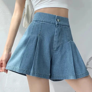 Shorts en jean taille haute pour femme, coupe ample, plissés, bleu, décontractés d'été, en tissu tissé respirant, style simple - Product Image 5