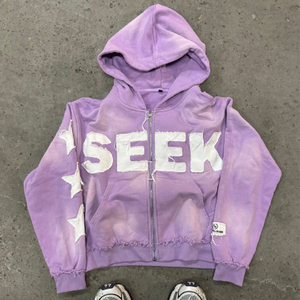 Personnalisé lavé à l'acide en détresse soleil fané brodé Patch poids lourd surdimensionné sweat-shirt ensemble 100% coton fermeture éclair à capuche hiver - Product Image 4