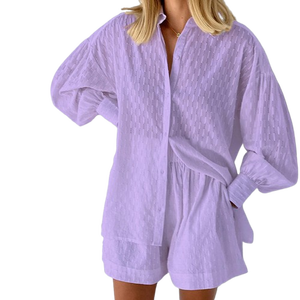 2025 nouveau Offre Spéciale Chic Design couleur unie femmes grande taille deux pièces tenue à manches longues lin Blouse et pantalon ensemble - Product Image 2