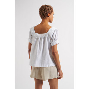Women's Vintage Solid White Organic Cotton Blouse Bohemian Square Neck <b>Short</b> <b>Sleeve</b> Pleated Summer Top <b>Button</b>-<b>Up</b> ODM Christmas - Product Image 4
