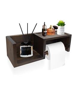 Soporte de papel higiénico de madera de granja con estante, soporte de rollo de papel higiénico rústico de montaje en pared con almacenamiento para baño cocina - Product Image 1