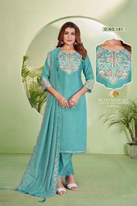 Ensemble Kurti 3 pièces en soie romaine avec broderie complexe parfait pour les célébrations festives, les mariages et les fêtes - Product Image 2