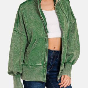 Nueva moda personalizada ácido Zip up Hoodie para mujer sólido Vintage Look Oversized poliéster algodón Casual invierno ecológico - Product Image 1