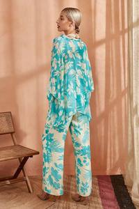 ชุดเดรสวินเทจพิมพ์ลายดอกไม้ผ้าชีฟองประดับมุกชุดเสื้อกางเกงสีฟ้าแบบลำลองขนาด XL มาตรฐานสูงลายดอก amyra - Product Image 4