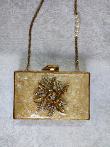 Handcrafted Mother of Pearl Mosaic Panelled Clutch with Crystal Floral Motif <b>Gold</b> Frame Luxury <b>Evening</b> <b>Bag</b> - Product Image 3