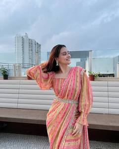 Sari en Georgette Traditionnel de Haute Qualité, Impression Numérique, Broderie de Paillettes, Travail de Miroir, Latkans, Blouse pour Soirée, Indien, Pakistanais - Product Image 2