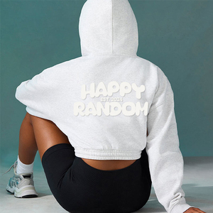 High Quality Custom Puff Print logo Cropped <b>Hoodies</b> Street Style Distressed Bottom Heavyweight Cotton Women <b>Hoodies</b> - Product Image 2