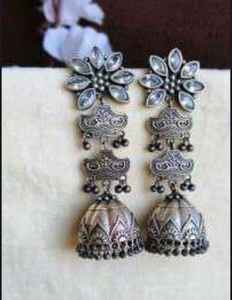 Boucles d'oreilles Jhumka en argent faites à la main avec pierre Monalisa, pierres Kundan pastel et perles, bijoux ethniques indiens - Product Image 1