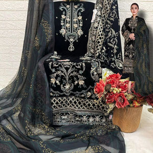 Invierno Luxe bordado terciopelo indio Salwar Kameez con estampado digital seda Dupatta sin esfuerzo Glam para mujeres - Product Image 1
