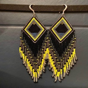 Designer Black and Yellow Beaded Seeds <b>Earrings</b> for Women Long Tassel <b>Hoop</b> for Party and Wedding Trendy Style - Product Image 3