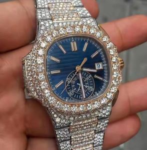 Esfera azul Parte posterior de acero para hombre 14K Tono dorado Diamante simulado Reloj analógico inoxidable - Product Image 2