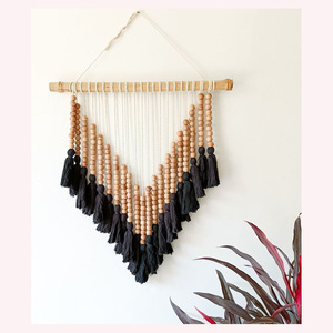 Two-Tone Boho Yarn Wall Hanging Soft Textured Fiber <b>Art</b> on Wooden Dowel for Aesthetic Home Styling - Product Image 1