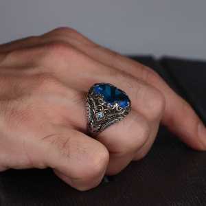 Bague pour homme en argent sterling 925 de haute qualité, style ottoman, bijoux de mode avec pierre noire naturelle, fabrication turque, Azuris VALKH1641 - Product Image 3