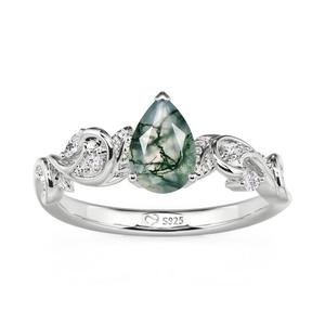 Bague de fiançailles plaquée or rose avec incrustation de feuille de Jeulia et agate mousse taille poire - Product Image 3
