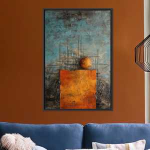 Art mural géométrique abstrait moderne : Toile imprimée or orange, toile encadrée noire - Product Image 1