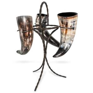 Cuernos de bebida vikingos vintage con soporte de cuerno hecho de fabricante de cuernos de búfalo y exportador de India para fiesta de Navidad - Product Image 1