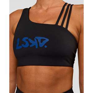 Sujetador deportivo de yoga con tiras y relleno 2.0 - Negro con estampado índigo eléctrico, suave, talla grande - Product Image 3