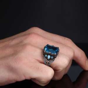 Azuris Bague pour homme en argent sterling 925 de haute qualité, style ottoman, bijoux de mode, pierre d'agate naturelle Yamen, fabrication turque - Product Image 1