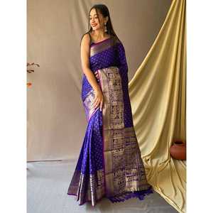 Magnifique sari en soie tissée bleu zari avec chemisier pour les occasions de mariage - Product Image 2