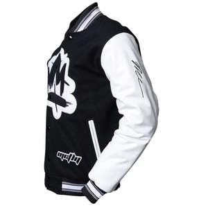 Veste universitaire noire pour homme avec manches contrastées, patch en chenille sur la poitrine, boutons sur le devant, col côtelé, vêtement décontracté - Product Image 2