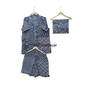 Conjunto de Pijamas de Algodón Puro Hechos a Mano al por Mayor, Camisón de Manga Corta con Estampado Floral, Estampado a Mano, Transpirable, Suave, Informal, de Verano - Product Image 5