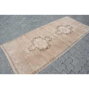 Turkish Vintage Rug, 3.7x8.2 ft Area Rug, <b>Brown</b> Gray Abstract <b>Wool</b> Rug - Product Image 3