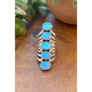T. Yazzie <b>Blue</b> <b>Opal</b> Sterling Silver <b>Ring</b> Size 7 Cushion Cut Bezel Set - Product Image 1