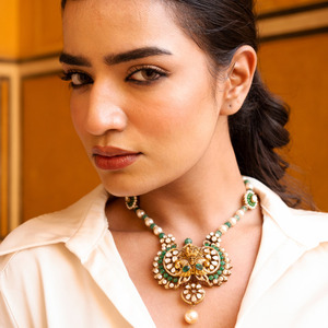 Collar Divino Gajaah de Plata 925 con Diamantes Polki y Esmeraldas del Templo Lakshmi, con Perlas, Joyería Festiva Nupcial India - Product Image 3