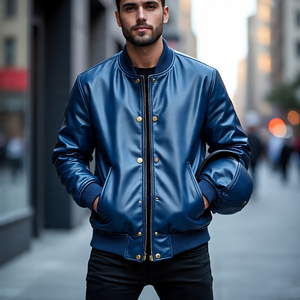 Cuello redondo Cremallera Cuero Varsity Chaqueta Hombres Alta calidad Invierno High Street Motor Ciclismo Montar - Product Image 3