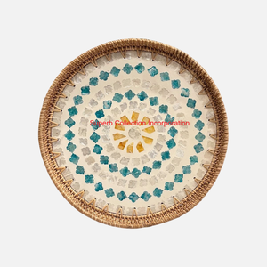 ถาดเสิร์ฟหวายทรงกลมทำด้วยมือพร้อมที่จับสำหรับตกแต่งบ้านและห้องครัวดีไซน์เปลือกหอยดอกไม้แฟนซี - Product Image 5