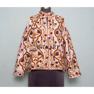 Indian Handmade Embroidered Suzani Quilted Cotton <b>Velvet</b> Fabric Long Sleeves Eco-Friendly Ethnic Customizable Design for Winter - Product Image 1