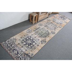 Alfombra Turca Vintage, Alfombra de Lana Azul con Diseño Floral de 2.7x11.1 pies - Product Image 2