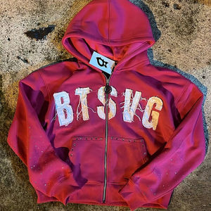 เสื้อฮู้ดครอปซิปผ้าฝ้ายเนื้อนุ่มฟอกสีสไตล์สตรีทแวร์ ประดับด้วยงานปักคริสตัล ดีไซน์เฉพาะตัวสำหรับผู้ชาย สไตล์ฮิปฮอป - Product Image 1