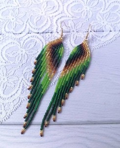 Boucles d'oreilles en perles, boucles d'oreilles longues en or vert, boucles d'oreilles à franges, boucles d'oreilles bohème - Product Image 2