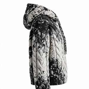 Black <b>White</b> 100% Cotton Cable Knit Texture Winter Pullover <b>Hoodie</b> Drawstring Hood Kangaroo Pocket Printed Splatter Pattern - Product Image 3